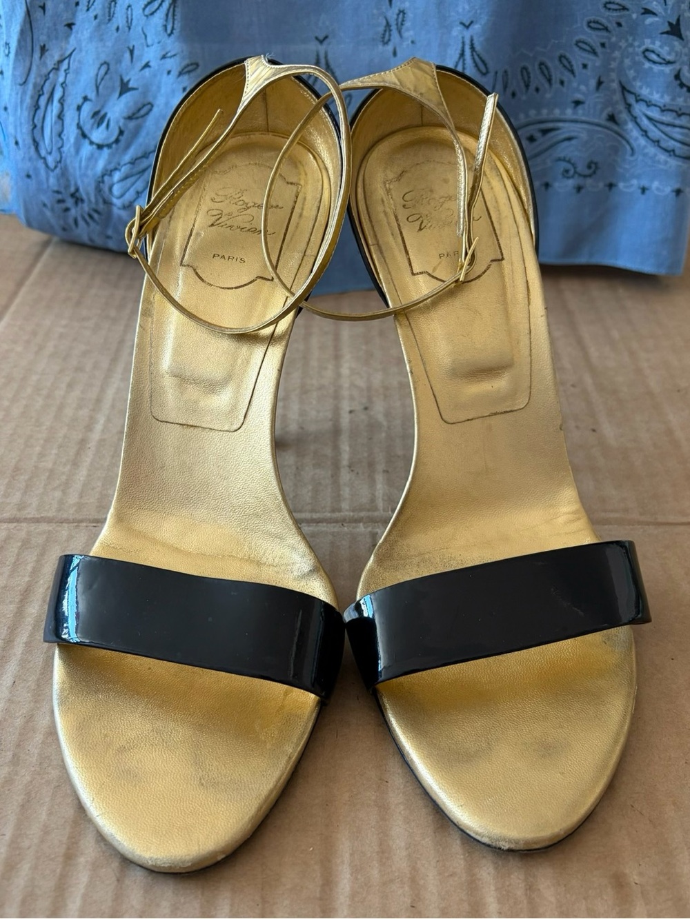 Roger Vivier Black Patent Slingback Heel with Gold Straps